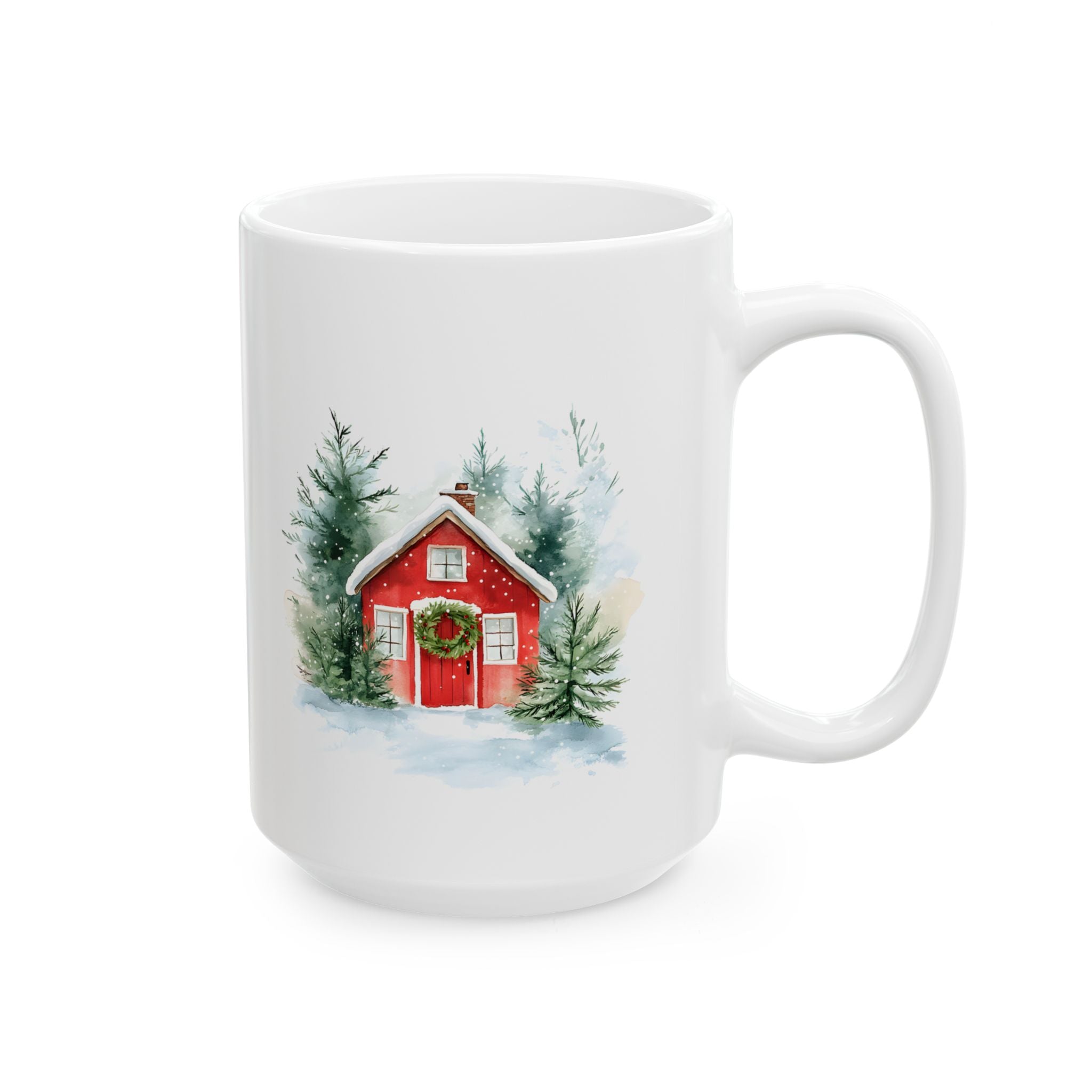 Ceramic Mug — Cozy Winter Barn Watercolor Coffee Mug (11oz, 15oz)