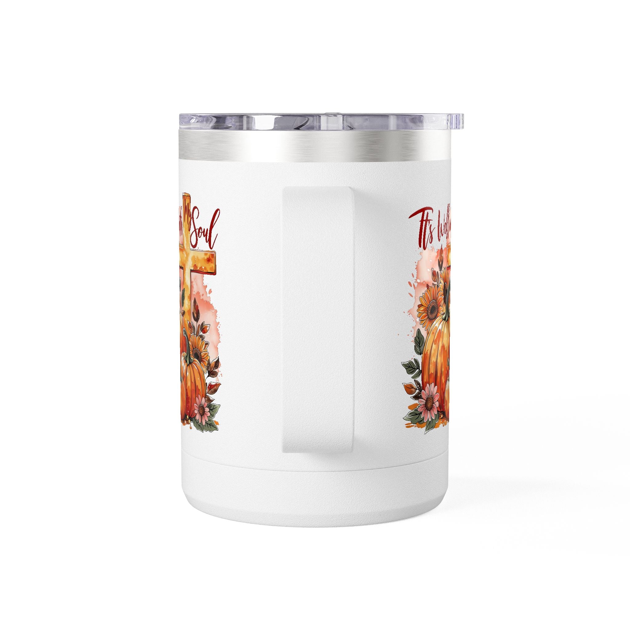 15oz Fall Pumpkin Tumbler — "It's Well With My Soul" Christian Coffee Mug