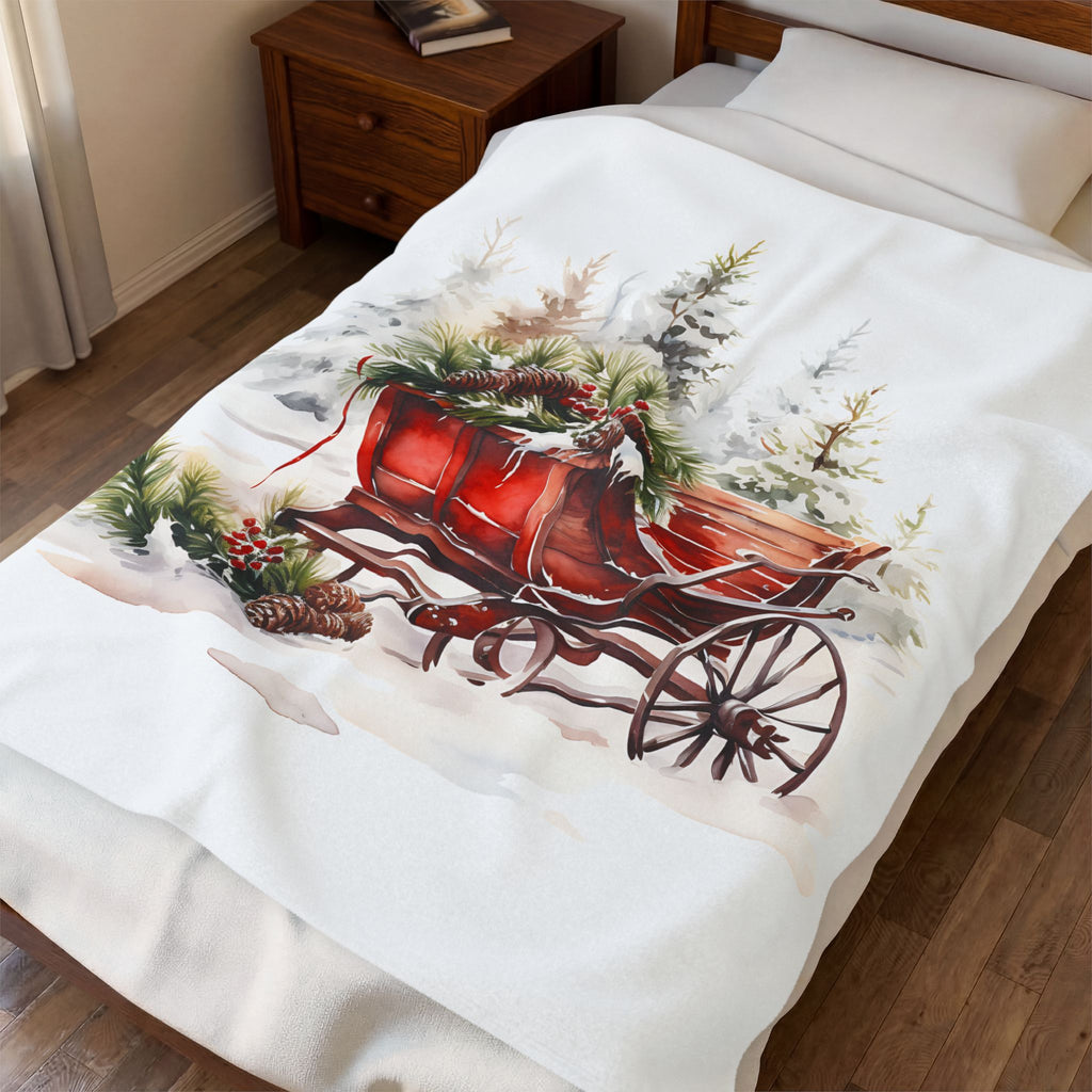 Christmas Sleigh Velveteen Plush Blanket — Cozy Holiday Throw with Vintage Red Sleigh Design