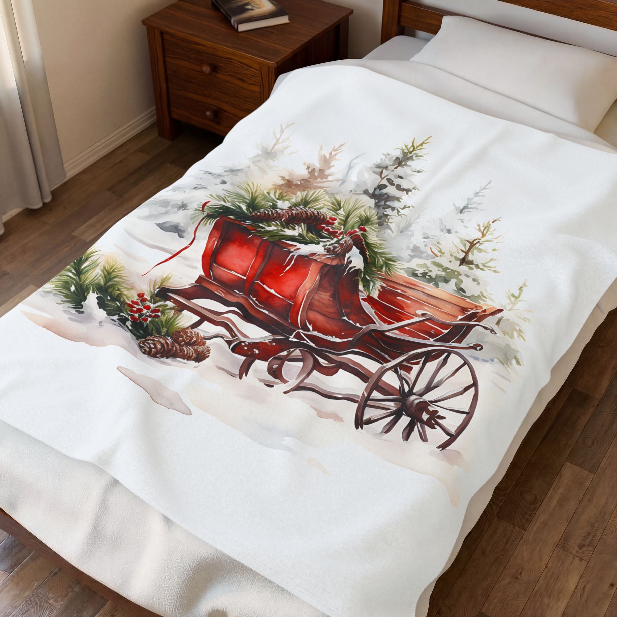 Christmas Sleigh Velveteen Plush Blanket — Cozy Holiday Throw with Vintage Red Sleigh Design